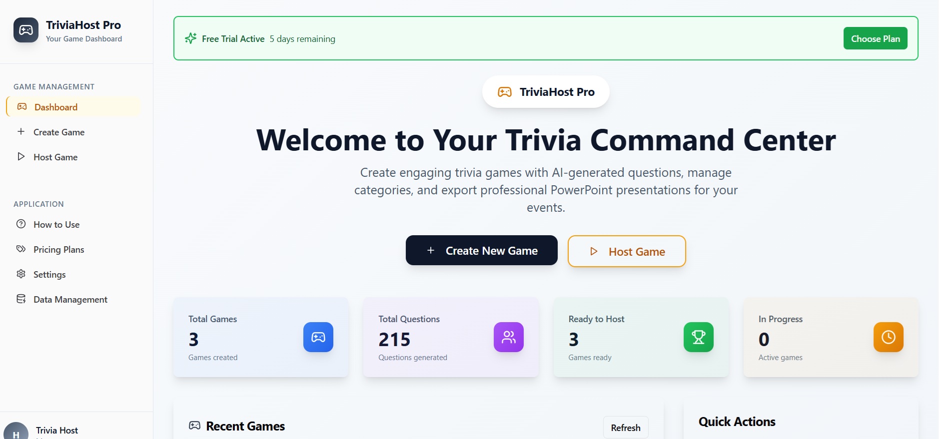 Trivia Host Pro dashboard screenshot